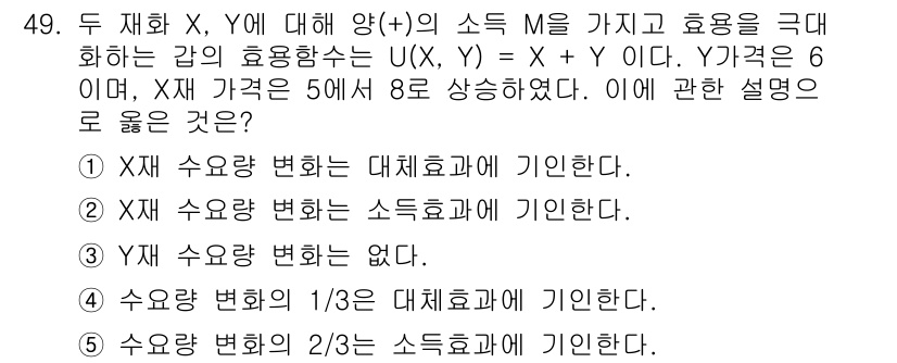 감정평가사_1차_1교시 2024년 49번 - X의 수요량 변동이 대체효과와 관련되어 있기 때문에, Y가 가격이 변하면... 에 관한 핵심 기출문제