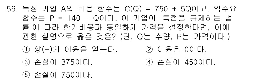 감정평가사_1차_1교시 2024년 56번 - 이 문제에서 독점 기업 A의 비용 함수 C(Q)와 가격 P를 고려할 때,... 에 관한 핵심 기출문제