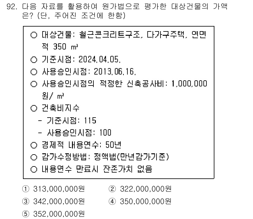 감정평가사_1차_1교시 2024년 92번 - 해당 문제에서 원가법을 이용해 평가한 경우, 건축비에 경제적 잔여물 가치... 에 관한 핵심 기출문제