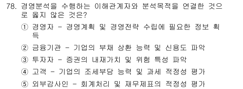 경영지도사_1차 2024년 78번 - . 

고객과 기업의 조성 및 적정성 평가는 외부 환경 요소로, 경영 목... 에 관한 핵심 기출문제