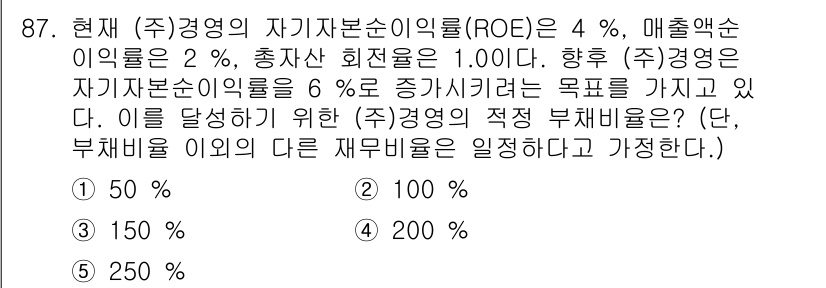 경영지도사_1차 2024년 87번 - 문제에서 제시된 자기자본순이익률(ROE)과 매출액 이익률을 바탕으로 부채... 에 관한 핵심 기출문제