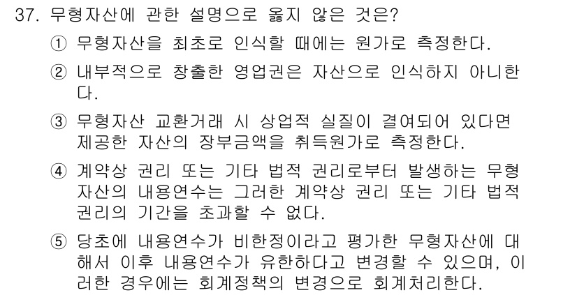 경영지도사_1차_1교시(구) 2024년 37번 - 무형자산에 관한 설명 중에서 옳지 않은 것은 4번입니다. 무형자산의 내용... 에 관한 핵심 기출문제