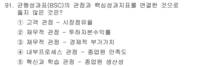 경영지도사_1차_1교시(구) 2024년 91번 - 경제적 부가가치(VA)는 BSC의 관점 중 하나인 재무 관점과는 직접적으... 에 관한 핵심 기출문제