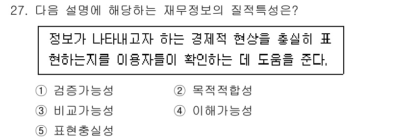 경영지도사_1차_1교시 2024년 27번 - . 

재무정보의 질적특성 중 정보가 경제적 현상을 실질적으로 표현해야 ... 에 관한 핵심 기출문제
