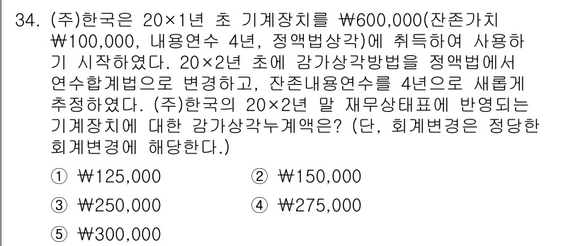 경영지도사_1차_1교시 2024년 34번 - 주어진 문제는 기계장치의 감가상각비를 계산하는 것이며, 20년의 사용 수... 에 관한 핵심 기출문제