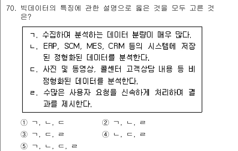 경영지도사_1차_1교시 2024년 70번 - 빅데이터의 특성 중 하나는 다양한 출처에서 생성되는 방대한 양의 데이터로... 에 관한 핵심 기출문제