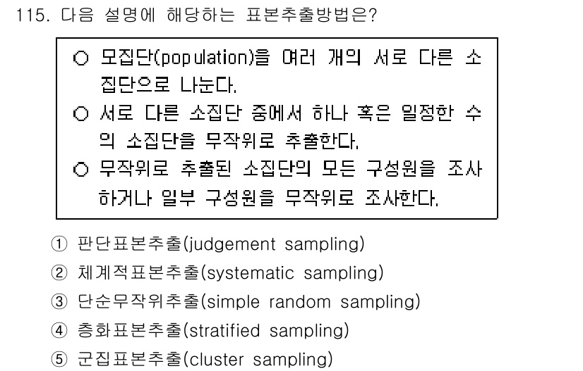 경영지도사_1차_2교시(구) 2024년 115번 - 이 문제에서 "표본추출방법"의 정의와 관련된 내용으로, 구역의 모든 요소... 에 관한 핵심 기출문제