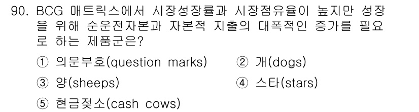 경영지도사_1차_2교시(구) 2024년 90번 - BCG 매트릭스에서 "스타(stars)"는 높은 시장 성장률과 높은 시장... 에 관한 핵심 기출문제