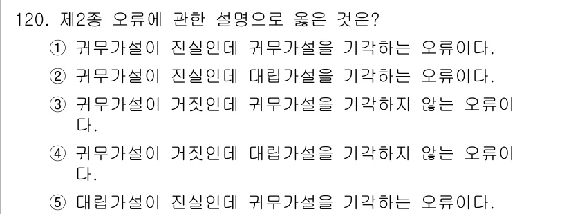 경영지도사_1차_2교시 2024년 120번 - . 귀무가설이 거짓인데 귀무가설을 기각하지 않는 오류이다.

핵심 해설:... 에 관한 핵심 기출문제