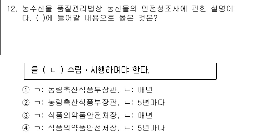 농산물품질관리사_1차 2024년 12번 - 농산물 품질관리법상 농산물의 안전성 조사는 농림축산식품부장관이 지정하는 ... 에 관한 핵심 기출문제