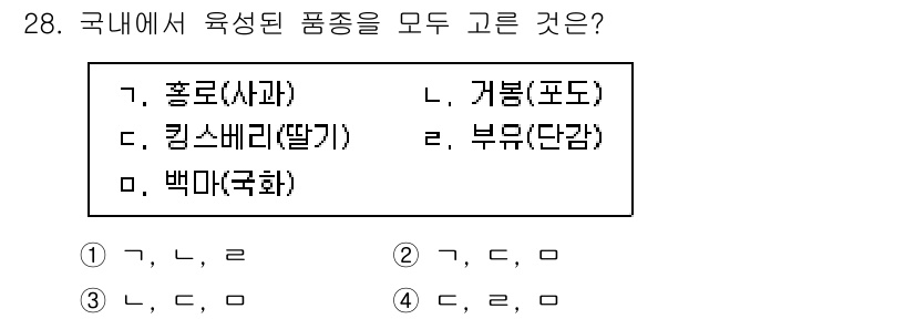 농산물품질관리사_1차 2024년 28번 - 홍로, 감귤, 부문(당감)은 모두 국내에서 육성된 품종입니다. 반면, 백... 에 관한 핵심 기출문제