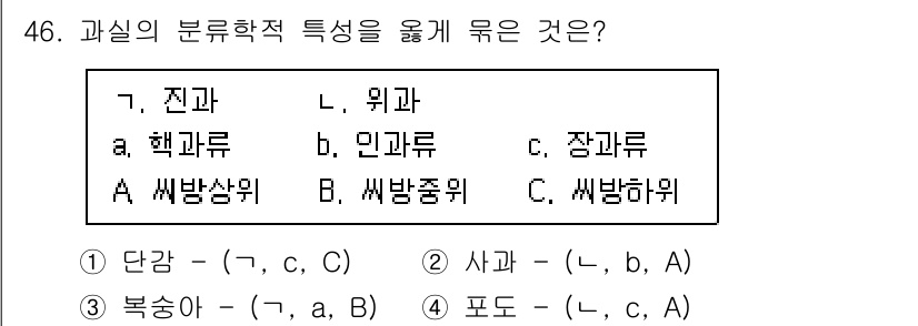 농산물품질관리사_1차 2024년 46번 - . 잎과 줄기, 열매의 구조적 특성이 서로 다르기 때문에 분류학적으로 구... 에 관한 핵심 기출문제