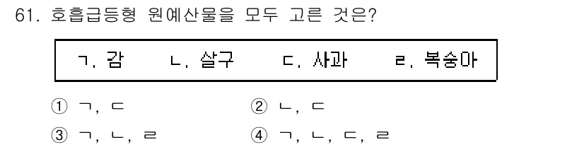 농산물품질관리사_1차 2024년 61번 - 호흡급등형 원예산물은 감, 살구, 사과, 복숭아 모두 포함되며, 이들은 ... 에 관한 핵심 기출문제