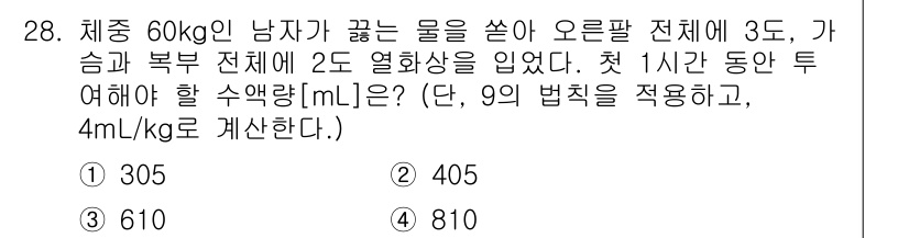 소방공무원(경력)_응급처치학개론 2024년 28번 - 주어진 정보에 따라 체중 60kg의 남자가 전실 화상으로 입은 물의 양을... 에 관한 핵심 기출문제
