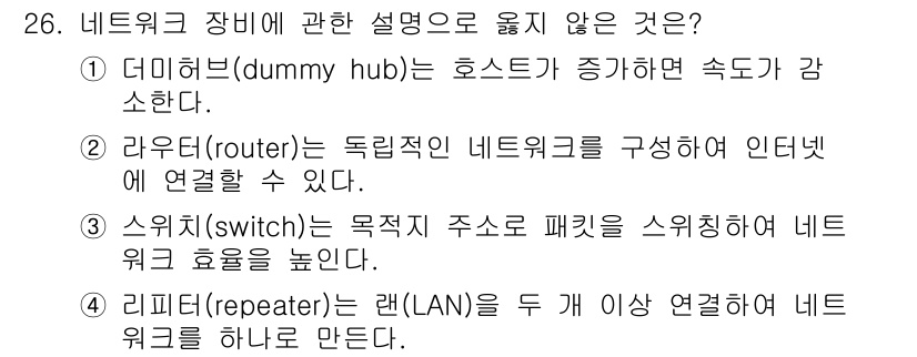 소방공무원(경력)_컴퓨터일반 2024년 26번 - 리피터는 신호를 증폭하고 재전송하는 기능을 하며, LAN을 연결하는 주된... 에 관한 핵심 기출문제