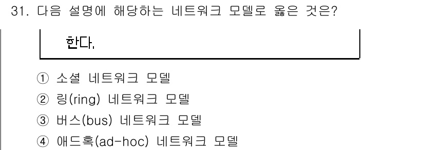 소방공무원(경력)_컴퓨터일반 2024년 31번 - 정답 4번, 애드혹(ad-hoc) 네트워크 모델입니다. 애드혹 네트워크는... 에 관한 핵심 기출문제
