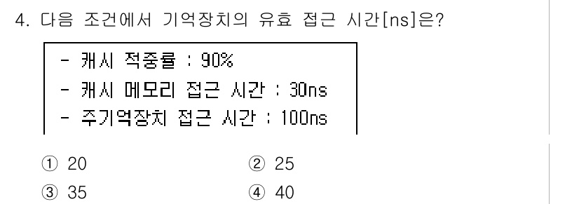 소방공무원(경력)_컴퓨터일반 2024년 4번 - . 

캐시 메모리 접근 시간은 30ns이고, 주기억장치 접근 시간은 1... 에 관한 핵심 기출문제