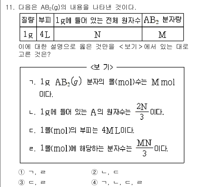 소방공무원(경력)_화학개론 2024년 11번 - \[ AB_2(g) \]의 분자량은 \[ M \] mol이며, 1 g의 ... 에 관한 핵심 기출문제