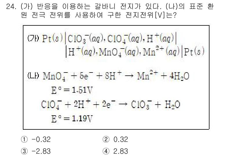 소방공무원(경력)_화학개론 2024년 24번 - 전극 반응에서 주어지는 공식에서 주의깊게 살펴봐야 할 부분은 각 이온의 ... 에 관한 핵심 기출문제