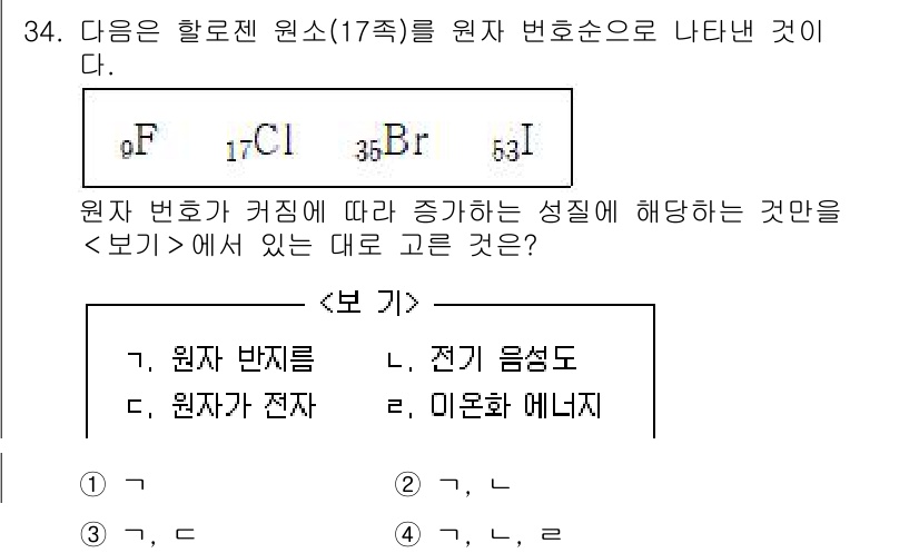 소방공무원(경력)_화학개론 2024년 34번 - 원자 번호가 증가함에 따라 원자의 크기가 커지기 때문에, 전자 음성도 증... 에 관한 핵심 기출문제