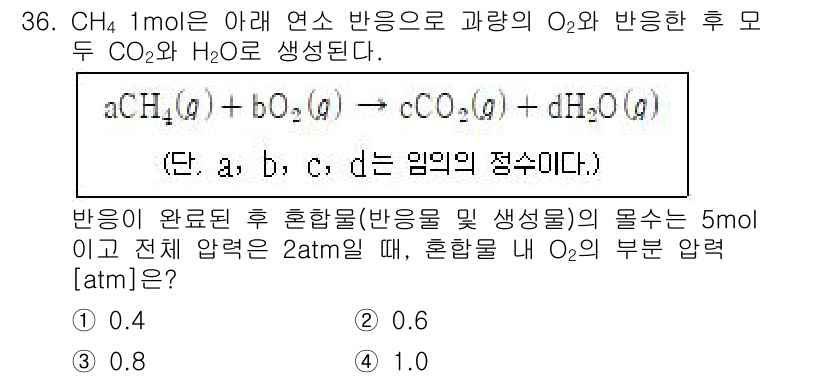 소방공무원(경력)_화학개론 2024년 36번 - 주어진 반응에서 메탄(CH₄)과 산소(O₂)의 반응으로 이산화탄소(CO₂... 에 관한 핵심 기출문제