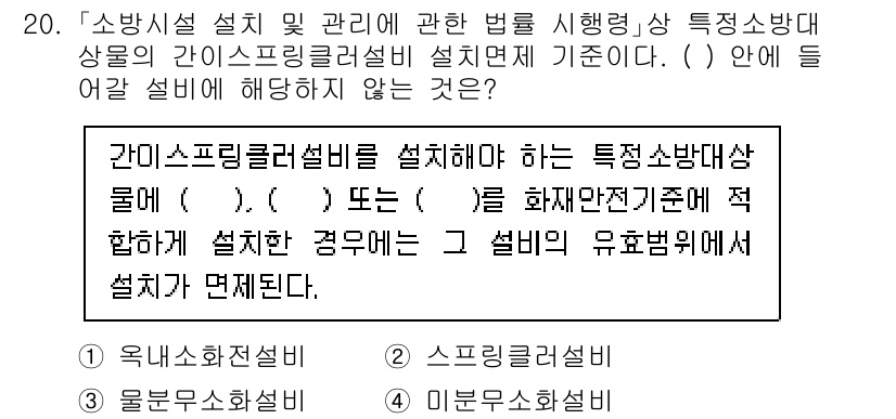 소방공무원(공개)_소방관계법규(구) 2024년 20번 - . 

소방시설설치 및 관리에 관한 법률에 따르면, 간이 스프링클러 설비... 에 관한 핵심 기출문제