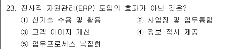 공인노무사_1차(경영학개론)(구) 2017년 23번 - . 정보 적시 제공

해설: 전사적 자원관리(ERP)는 주로 업무 프로세... 에 관한 핵심 기출문제