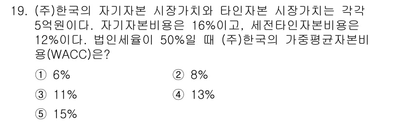 공인노무사_1차(경영학개론)(구) 2019년 19번 - WACC(가중평균자본비용)는 자본구성 비율에 따라 각 자본의 비용을 가중... 에 관한 핵심 기출문제