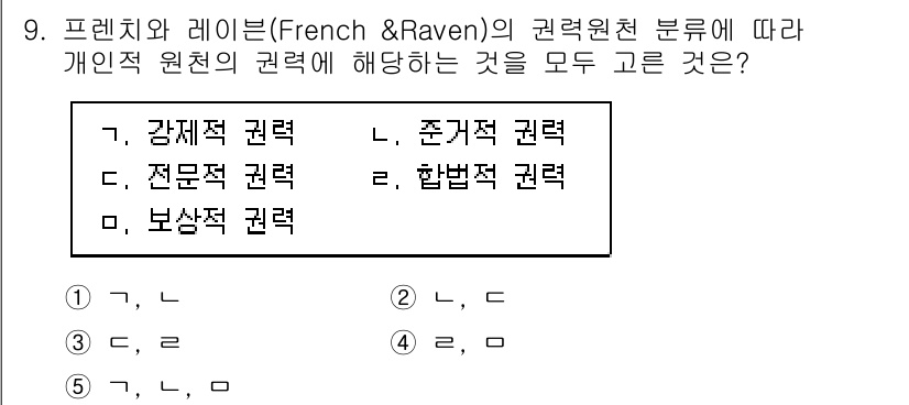 공인노무사_1차(경영학개론)(구) 2019년 9번 - 프렌치와 레이븐의 권력 원천 이론에 따르면 개인적 원천의 권력은 주관적 ... 에 관한 핵심 기출문제