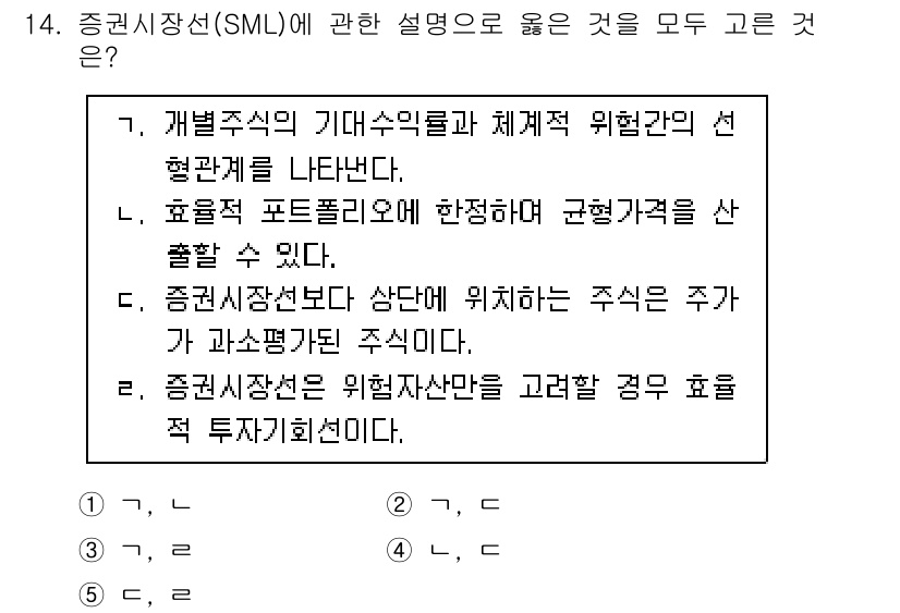 공인노무사_1차(경영학개론)(구) 2022년 14번 - 증권시장선(SML)은 자산의 기대 수익률과 위험(베타)의 관계를 나타내며... 에 관한 핵심 기출문제