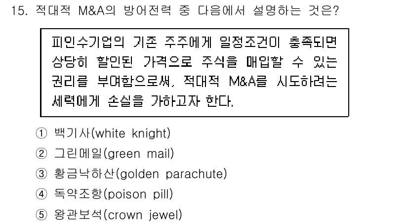 공인노무사_1차(경영학개론)(구) 2023년 15번 - 적대적 M&A의 방어전략 중 '백기사'는 기업 인수자가 hostile할 ... 에 관한 핵심 기출문제