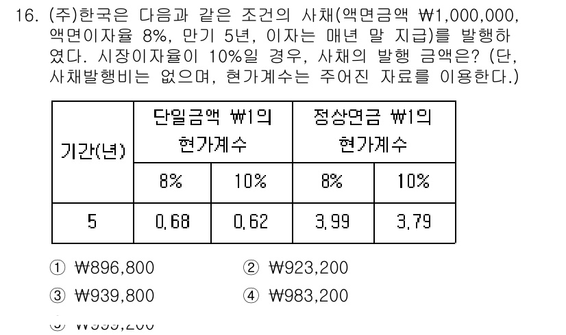 공인노무사_1차(경영학개론)(구) 2023년 16번 - 이는 사채의 현재가치를 구하기 위해 할인율을 적용하고, 매년 발생하는 이... 에 관한 핵심 기출문제