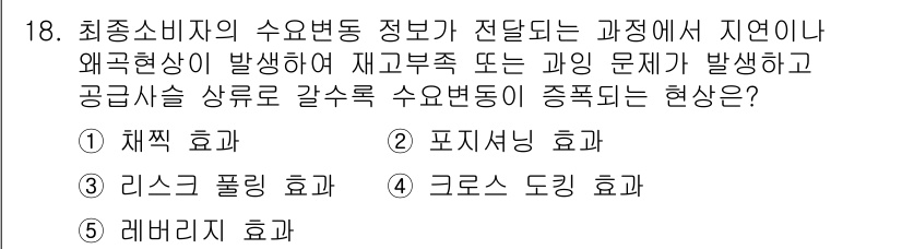 공인노무사_1차(경영학개론) 2023년 18번 - 정답은 1. 채찍 효과입니다. 최종 소비자의 수요 변화에 따라 기업의 재... 에 관한 핵심 기출문제