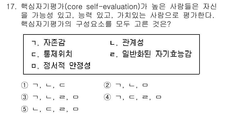 공인노무사_1차(경영학개론)(구) 2024년 17번 - 핵심 자기 평가가 높은 사람은 자신의 능력과 가치를 긍정적으로 인식하며,... 에 관한 핵심 기출문제