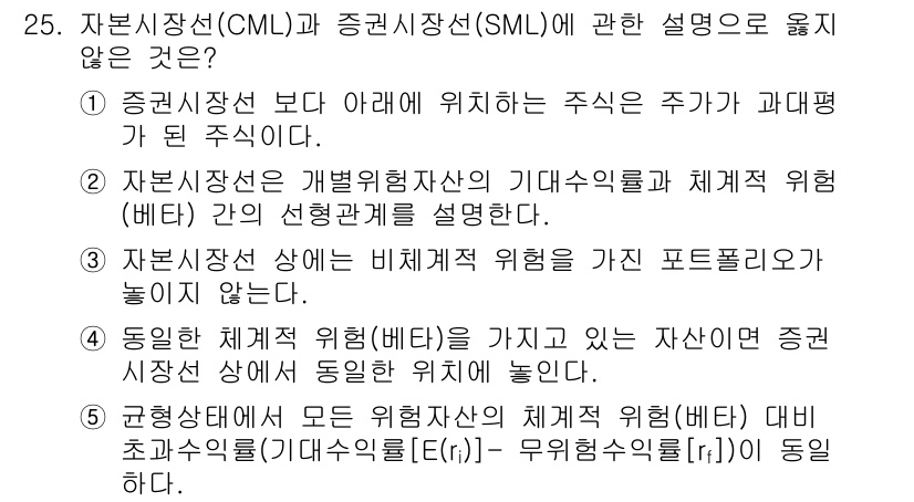 공인노무사_1차(경영학개론)(구) 2024년 25번 - 자본시장선(CML)은 위험자산과 무위험자산의 조합을 통해 포트폴리오를 구... 에 관한 핵심 기출문제