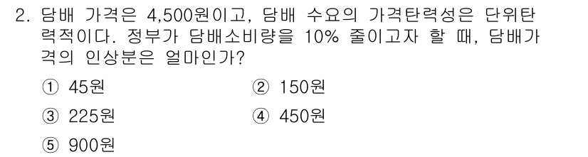 공인노무사_1차(경제학원론)(구) 2015년 2번 - 담배 가격이 4,500원이고 수요의 가격탄력성이 단위 탄력적일 때, 가격... 에 관한 핵심 기출문제