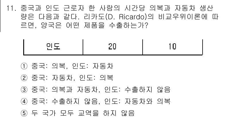 공인노무사_1차(경제학원론) 2015년 11번 - 리카도(B. Ricardo)의 비교우위 이론에 따르면, 각 국가는 자신이... 에 관한 핵심 기출문제