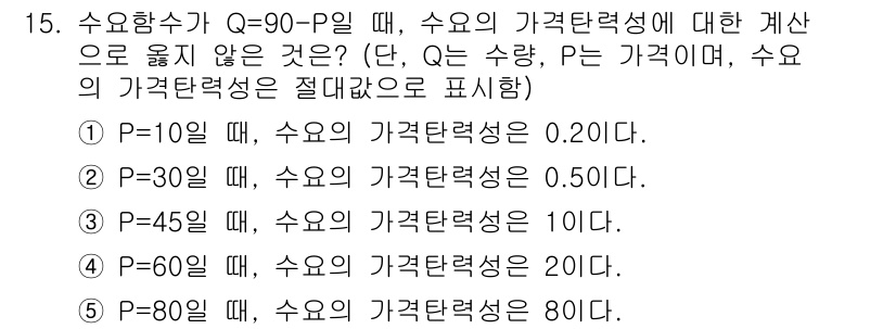공인노무사_1차(경제학원론) 2015년 15번 - 수요함수 Q=90-P일 때, 가격탄력성을 계산하면, 탄력성은 수요량 변화... 에 관한 핵심 기출문제