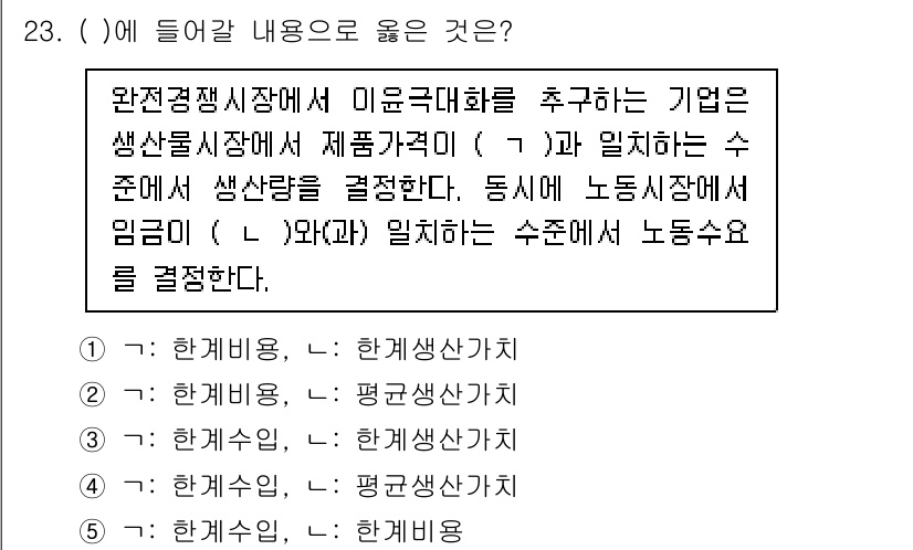 공인노무사_1차(경제학원론)(구) 2019년 23번 - 완전경쟁시장에서는 기업이 가격 수용자로서 제품 가격을 주어진 상태에서 생... 에 관한 핵심 기출문제