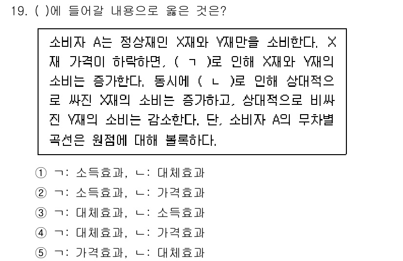 공인노무사_1차(경제학원론) 2019년 19번 - . 

정답인 이유는 X 재화의 가격이 상승하면 소비자들은 상대적으로 더... 에 관한 핵심 기출문제