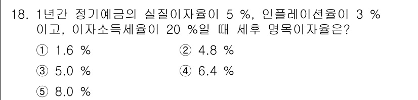 공인노무사_1차(경제학원론)(구) 2022년 18번 - 세후 명목 이자율을 구하기 위해 실제 이자율과 물가 상승률, 아자소득세율... 에 관한 핵심 기출문제