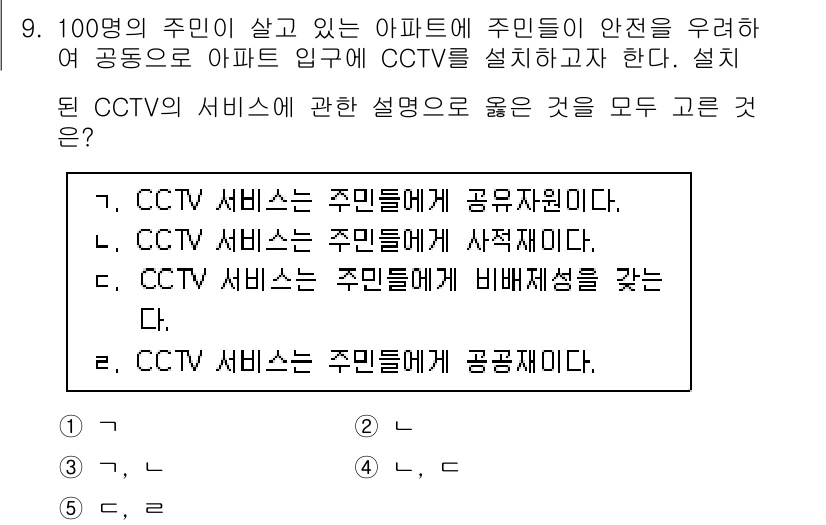공인노무사_1차(경제학원론)(구) 2022년 9번 - CCTV 서비스는 주민의 안전을 최우선으로 하여 설치되며, 이는 공동체의... 에 관한 핵심 기출문제