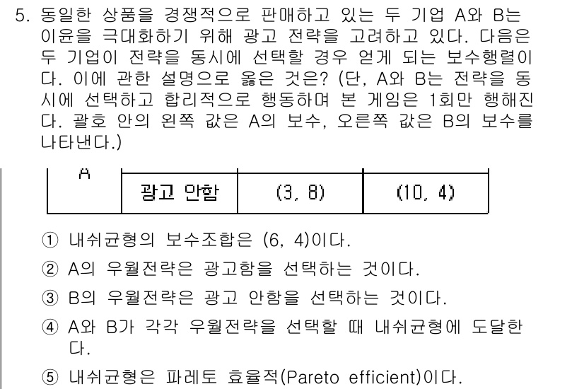 공인노무사_1차(경제학원론) 2022년 5번 - 해당 문제에서 A와 B 기업의 광고 전략을 비교할 때, 주어진 숫자 3,... 에 관한 핵심 기출문제