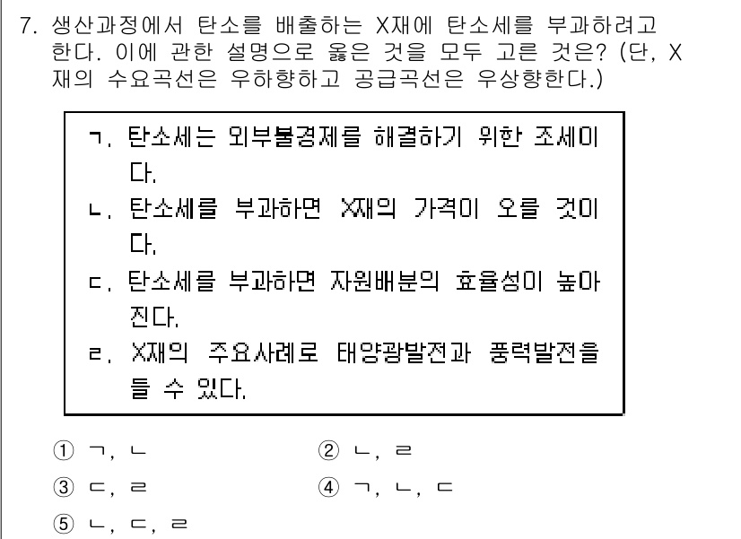 공인노무사_1차(경제학원론) 2022년 7번 - 생산자에게 탄소 배출권은 비용으로 작용하며, 이는 생산 비용을 증가시켜 ... 에 관한 핵심 기출문제