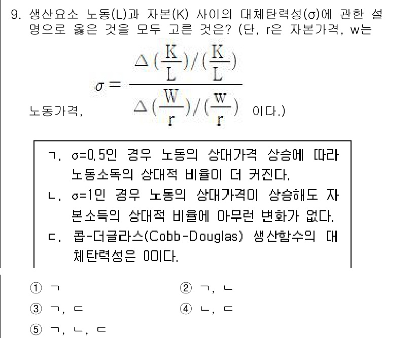 공인노무사_1차(경제학원론)(구) 2023년 9번 - 문제에서 노동(L)과 자본(K) 사이의 대체력 성향을 설명하고 있습니다.... 에 관한 핵심 기출문제