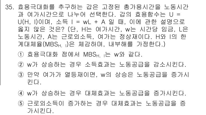 공인노무사_1차(경제학원론)(구) 2024년 35번 - 정답이 5인 이유는 효용극대화는 한계효용(MBS)와 임금(w) 간의 관계... 에 관한 핵심 기출문제