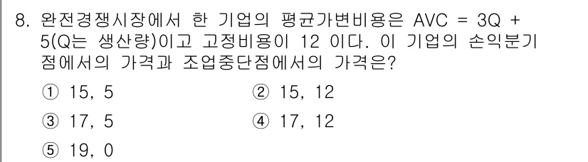 공인노무사_1차(경제학원론)(구) 2024년 8번 - 주어진 평균변동비용(AVC) 식에서 Q 값에 따라 평균변동비용을 구할 수... 에 관한 핵심 기출문제