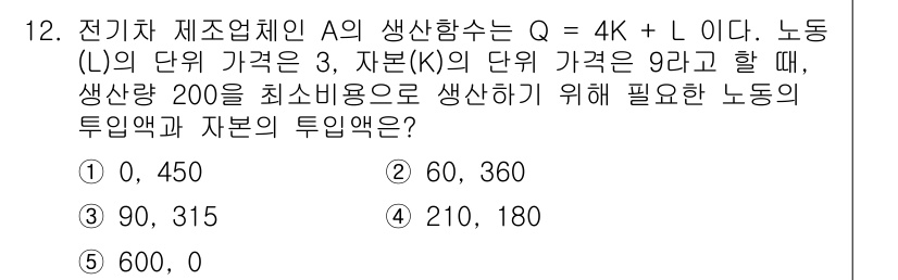 공인노무사_1차(경제학원론) 2024년 12번 - 주어진 생산함수는 \( Q = 4K + L \)입니다. 생산량 200을 ... 에 관한 핵심 기출문제