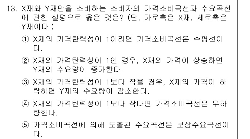 공인노무사_1차(경제학원론) 2024년 13번 - X재의 가격탄력성이 1이더라도 소비자는 Y재의 가격이 상승하면 X재의 수... 에 관한 핵심 기출문제