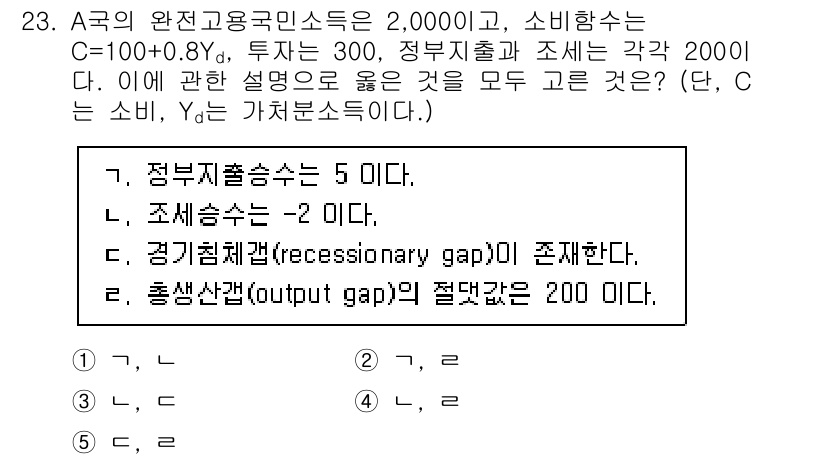 공인노무사_1차(경제학원론) 2024년 23번 - 주어진 정보에 따르면, 소비함수는 C = 100 + 0.8Yd이며, Yd... 에 관한 핵심 기출문제